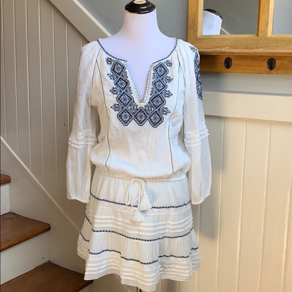Joie White Gauze Embroidered Peasant Dress with Navy Accents